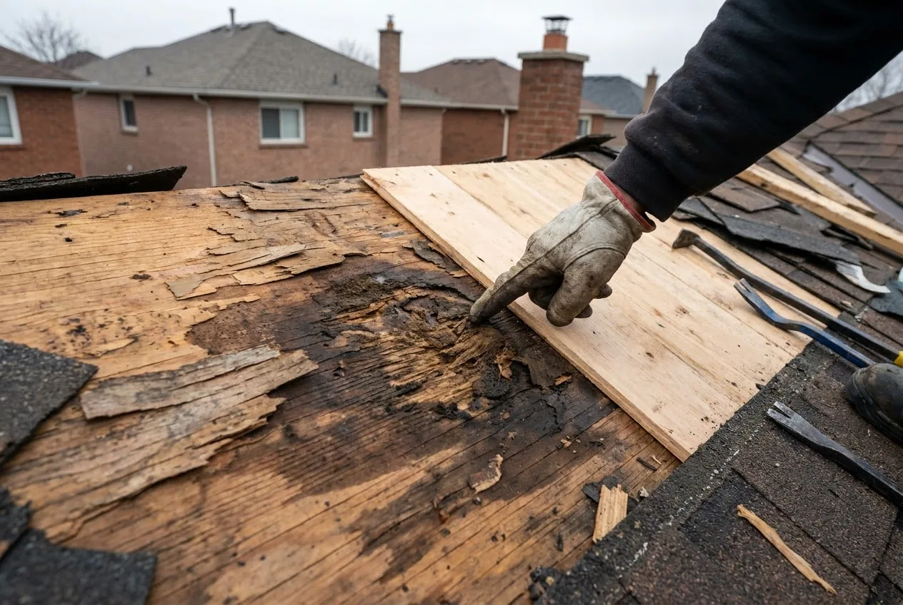 Exposed roof decking showing water damage that a repair inspection would catch.
