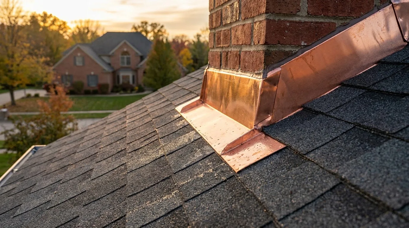 Freshly installed metal flashing where a shingle roof meets a brick chimney.