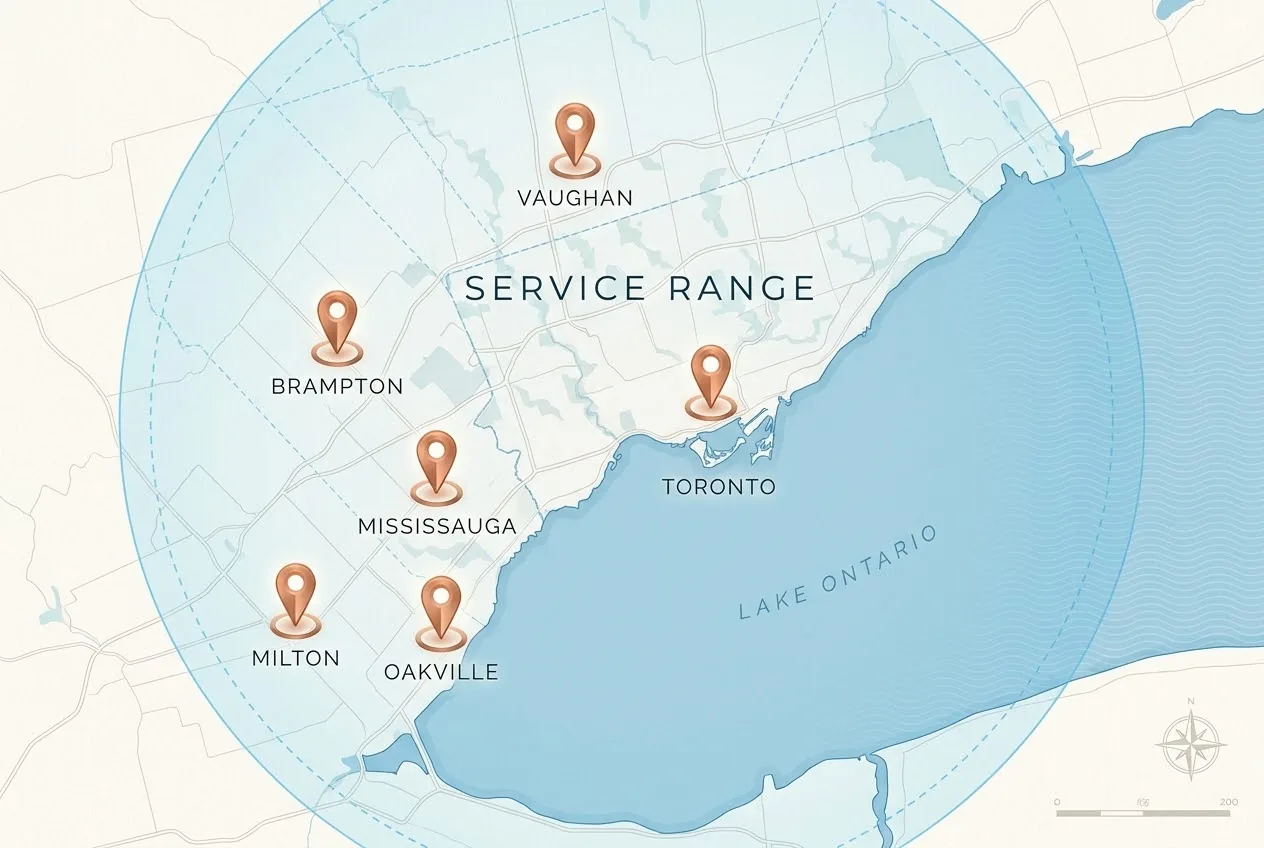 A stylized map of the Greater Toronto Area service region.