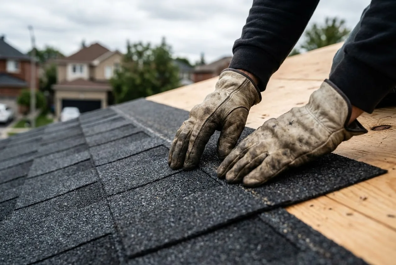 A roofer’s gloved hands setting a course of architectural shingles.