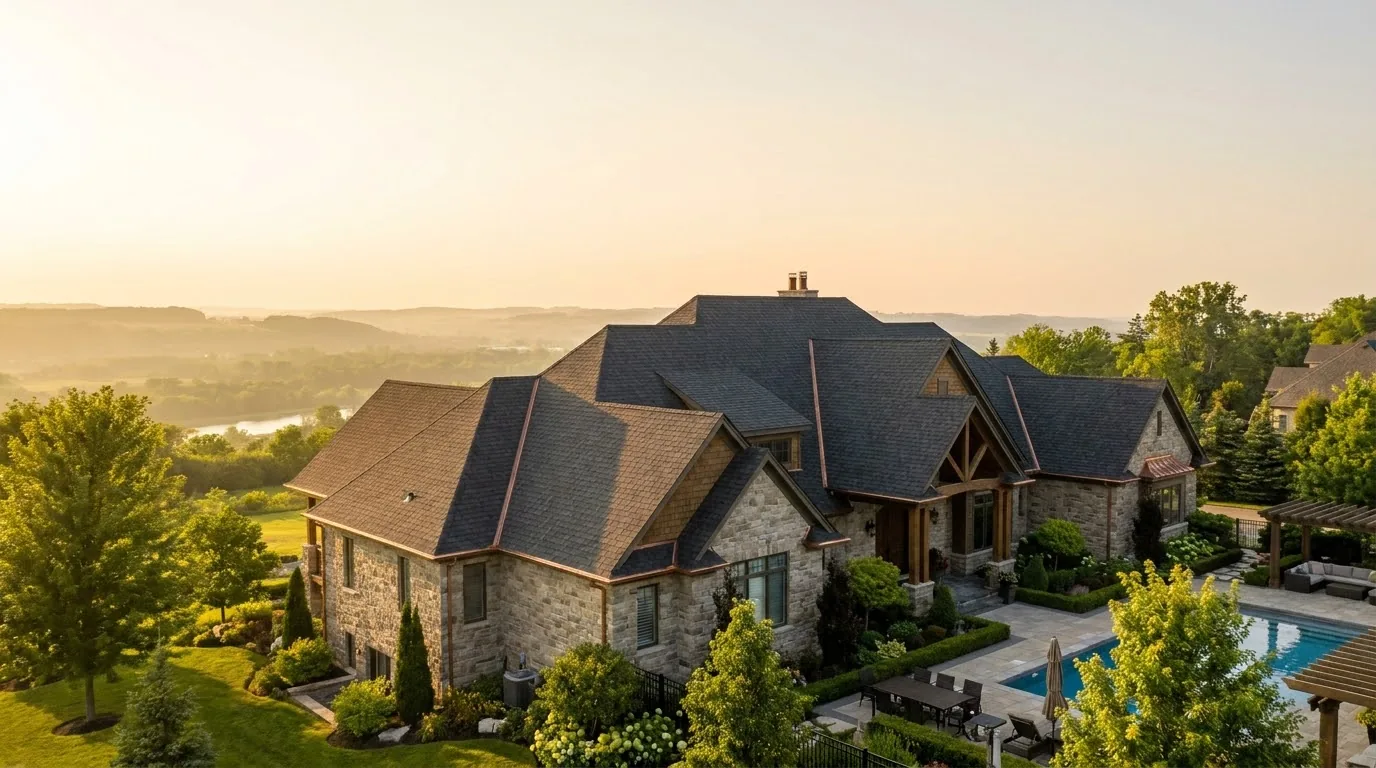 An aerial view of a large detached Vaughan home with a complex new roofline.