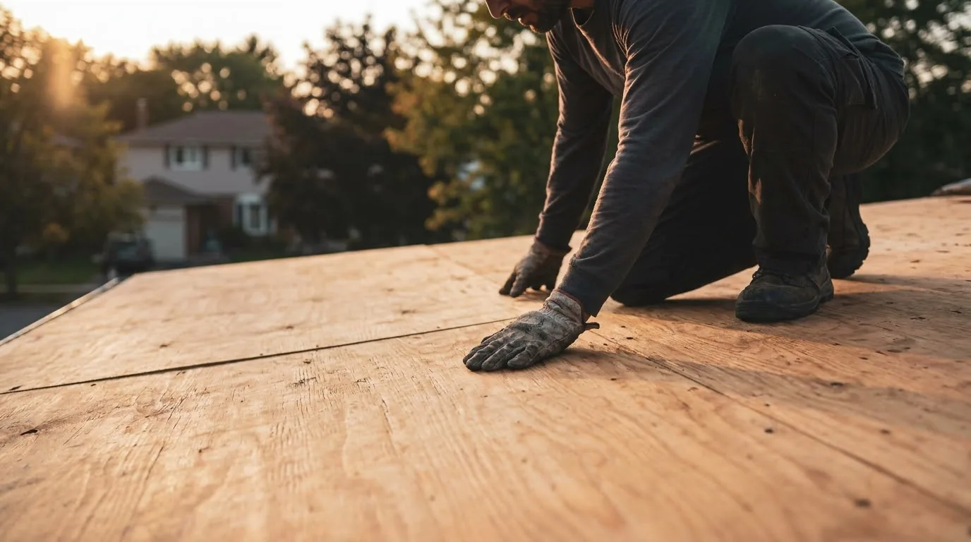 A roofer inspecting a clean, freshly-swept plywood roof deck after a full tear-off.