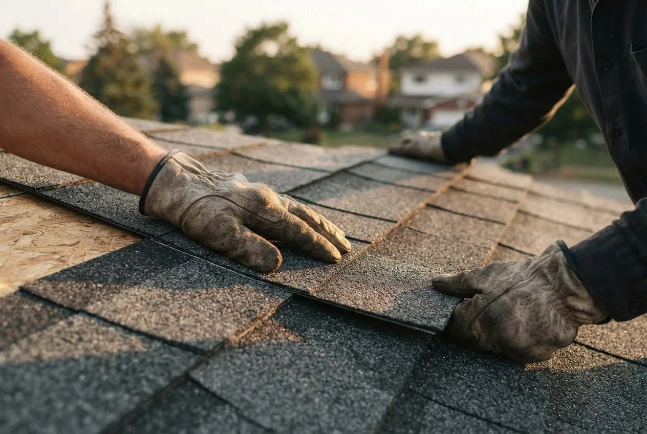 A roofer laying a course of charcoal architectural asphalt shingles.