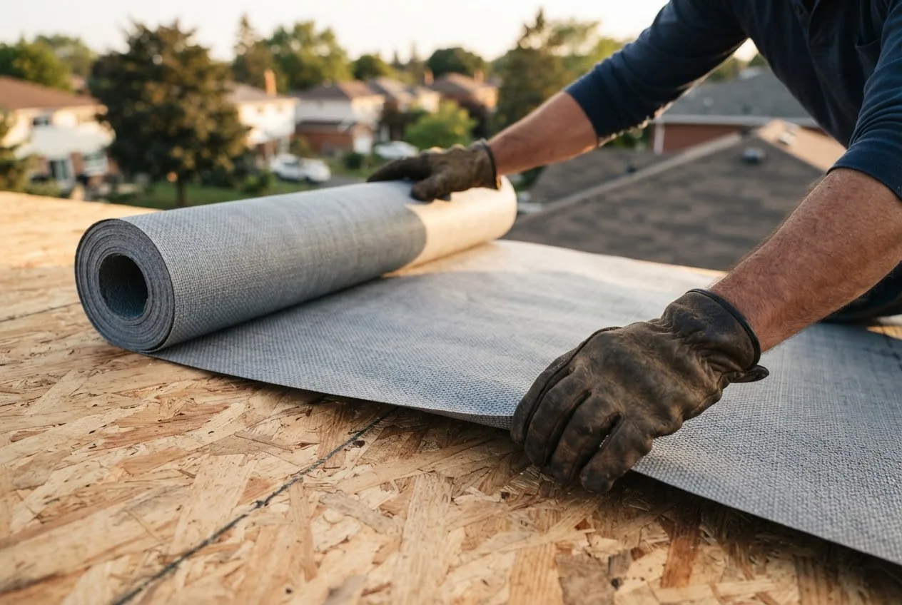 Grey woven synthetic underlayment being rolled across a plywood roof deck.