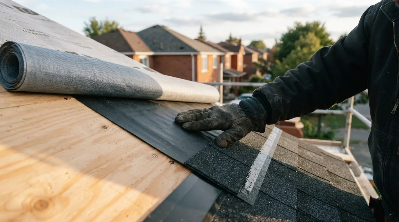 A self-adhered ice-and-water membrane being smoothed onto a roof deck at the eave.