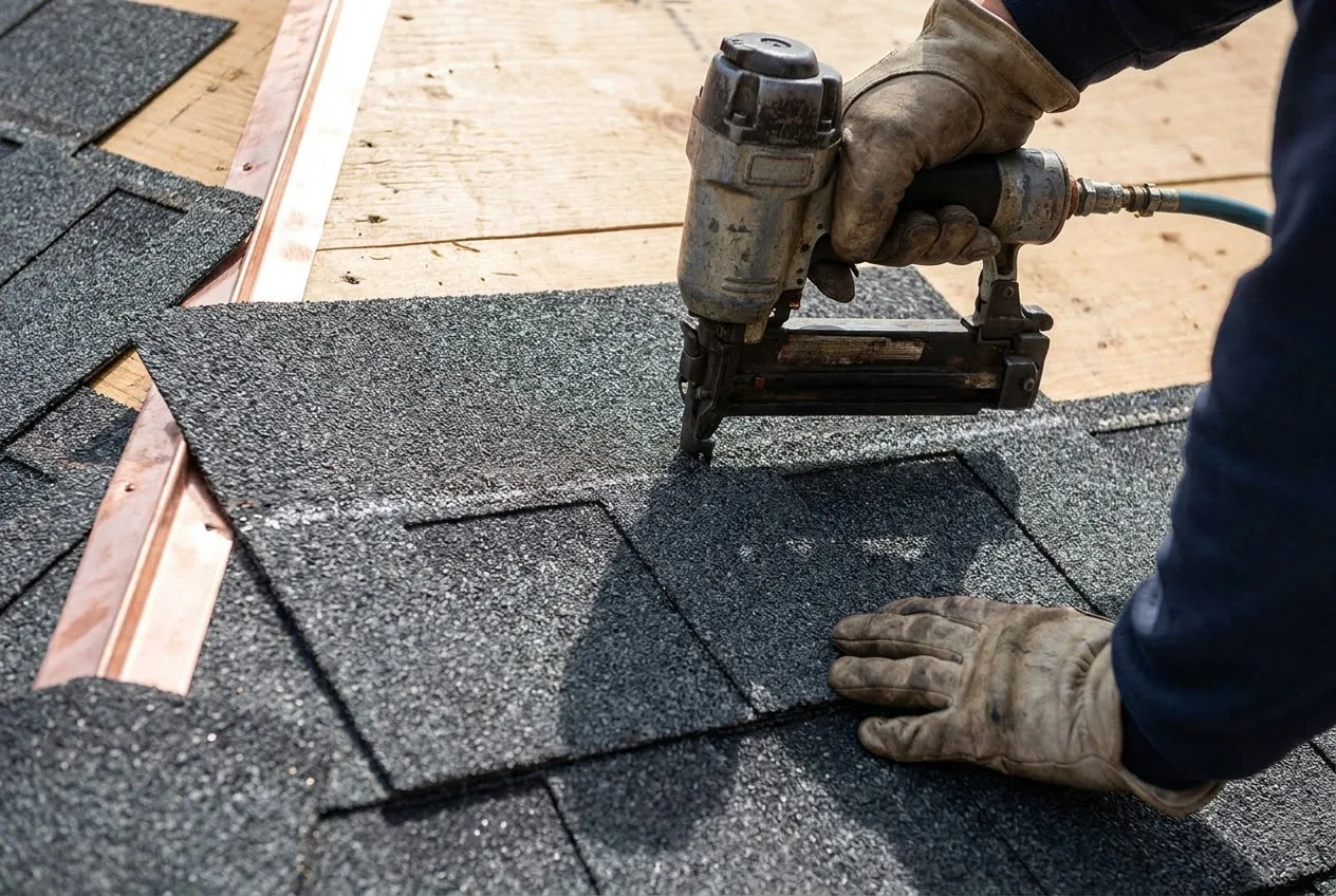 A clean course of architectural asphalt shingles being installed.
