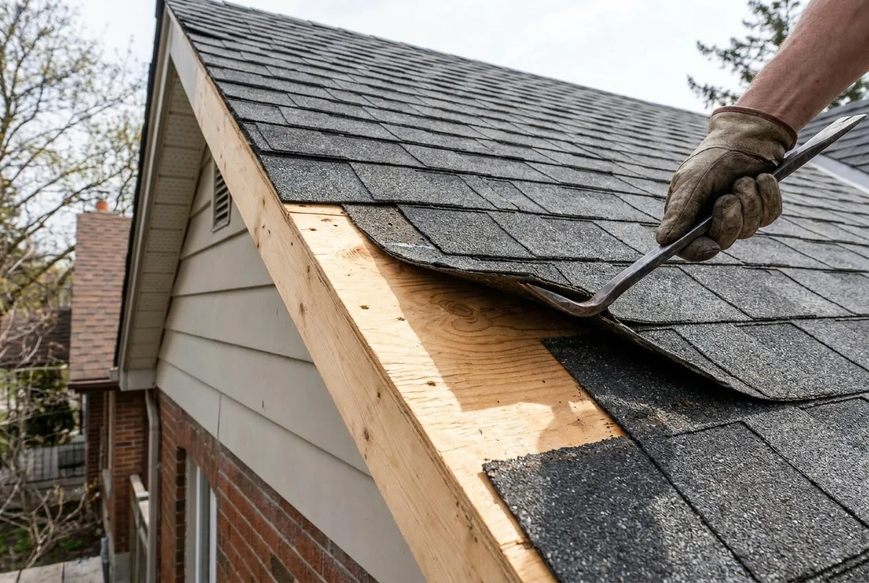 Roof mid-tear-off revealing clean plywood decking.