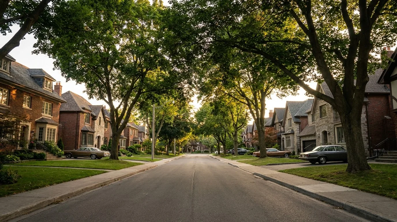 A two-storey Mississauga home on a tree-lined street with a new roof.
