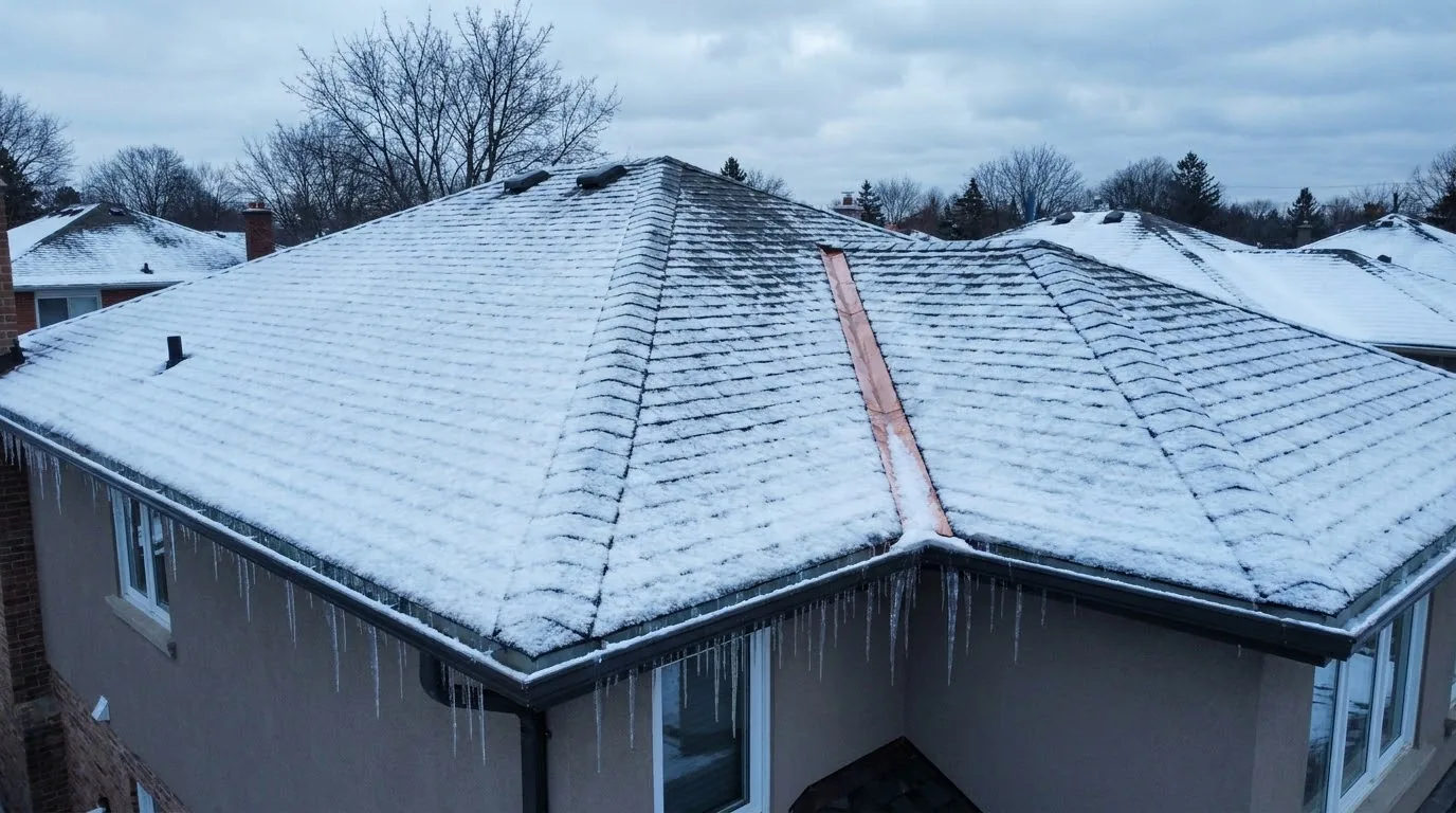 A GTA home with a snow-covered roof and clear eaves in deep winter.